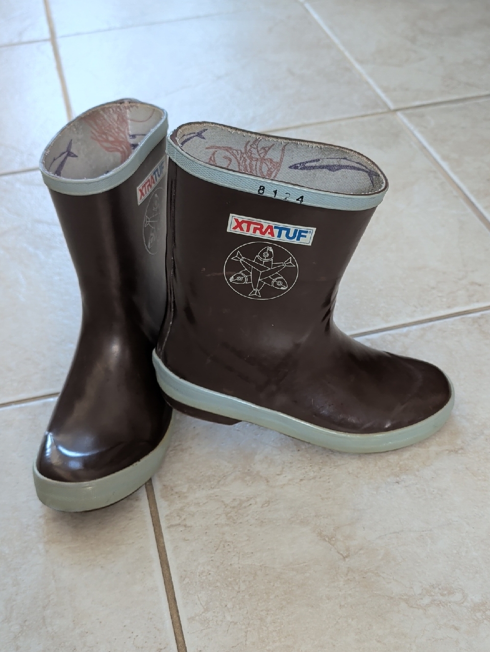 Xtratuf Kids Brown Rain Boots with Light Blue Trim Kids Size 4